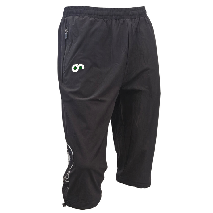 Black 3/4 pants with a logo on a white background