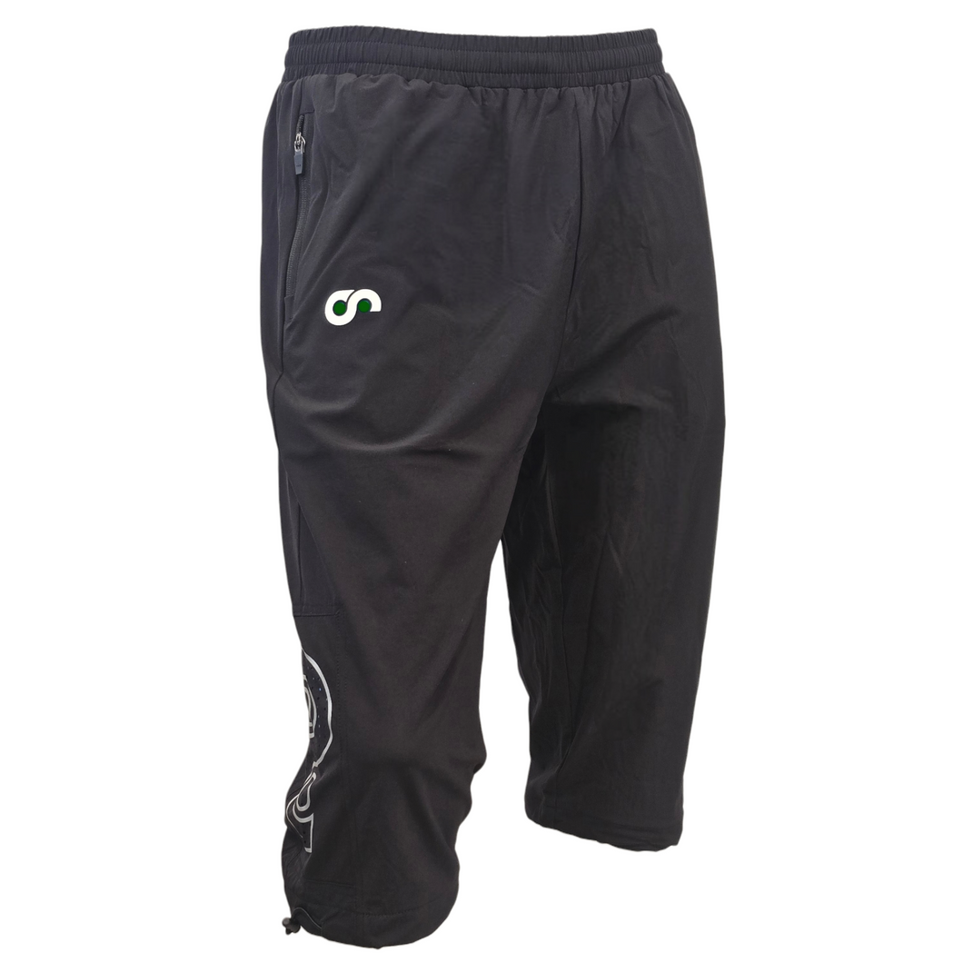 Black 3/4 pants with a logo on a white background