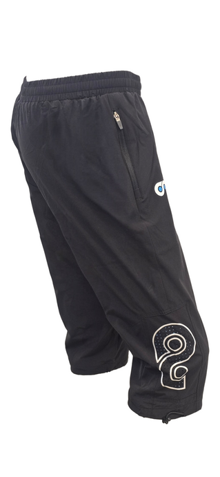 Black long shorts with a logo on a white background